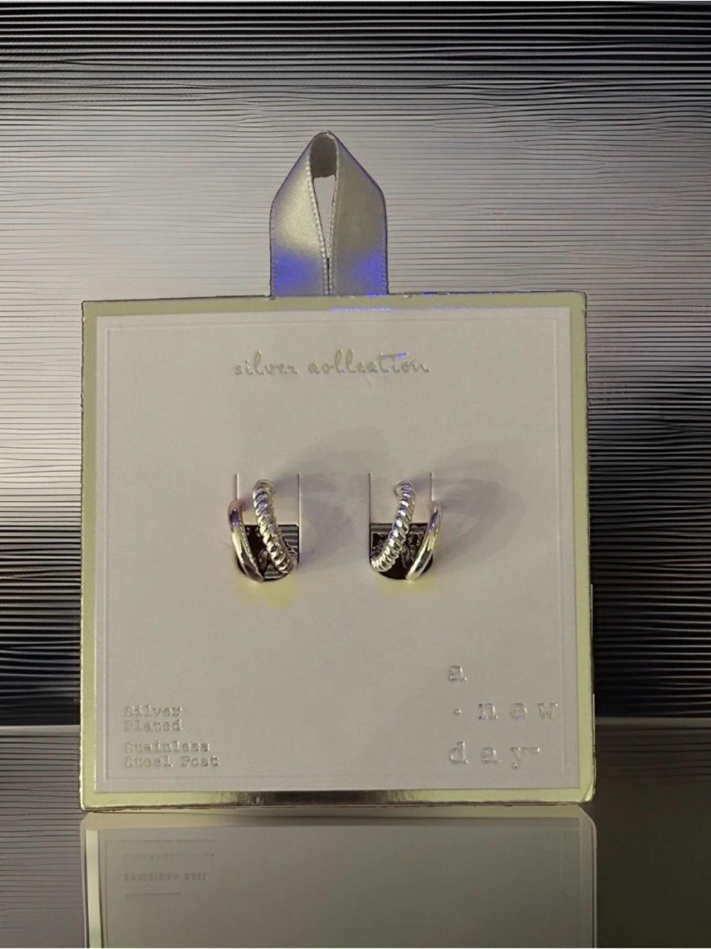 A New Day Silver Plated Double Hoop Earrings Twisted Rope Post NWT